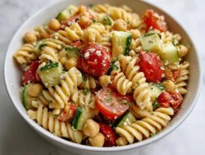 Close-up of a white bowl filled with Greek pasta salad with chickpeas, featuring rotini pasta, cherry tomatoes, cucumber, and feta.