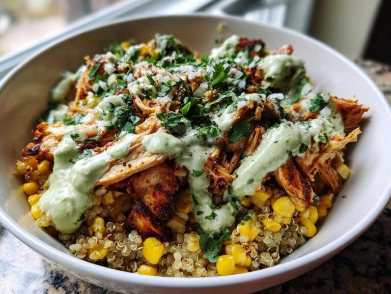 A close-up of a healthy street corn chicken bowl layered with quinoa, corn, shredded seasoned chicken, and drizzled with a light green creamy sauce.