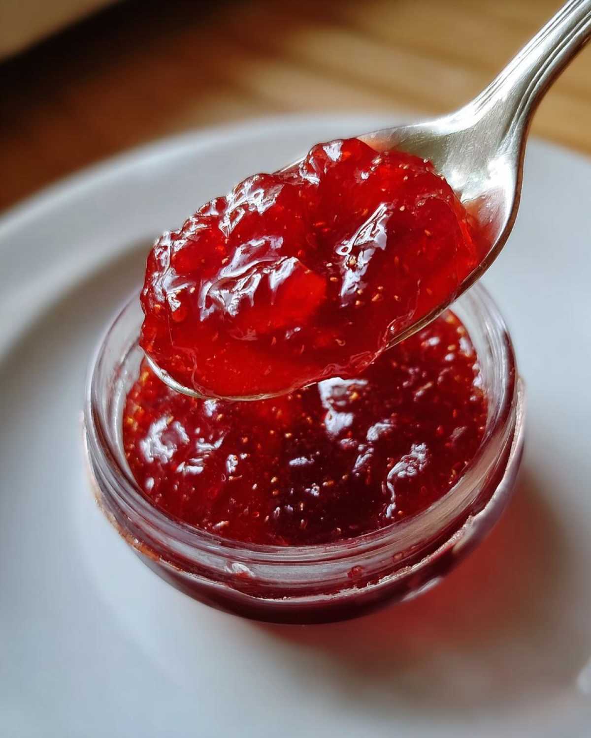 A spoonful of bright red, glistening homemade strawberry jam being lifted from a small glass jar.