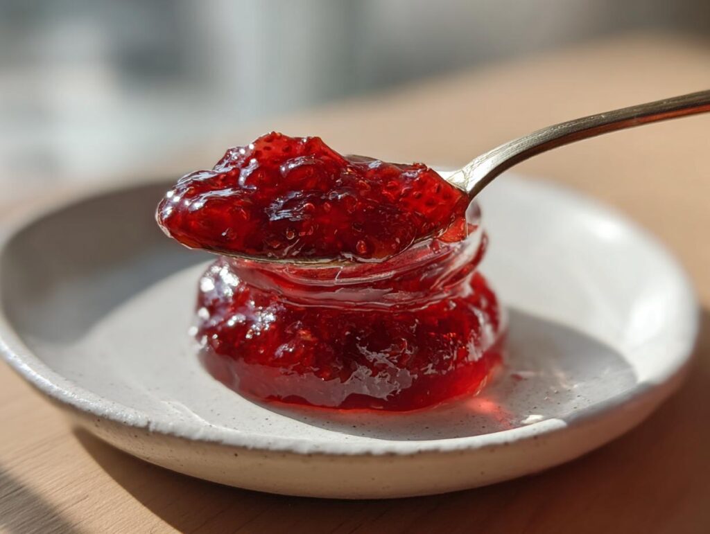 A spoonful of vibrant, glistening homemade strawberry jam being lifted from a small jar resting on a white plate.