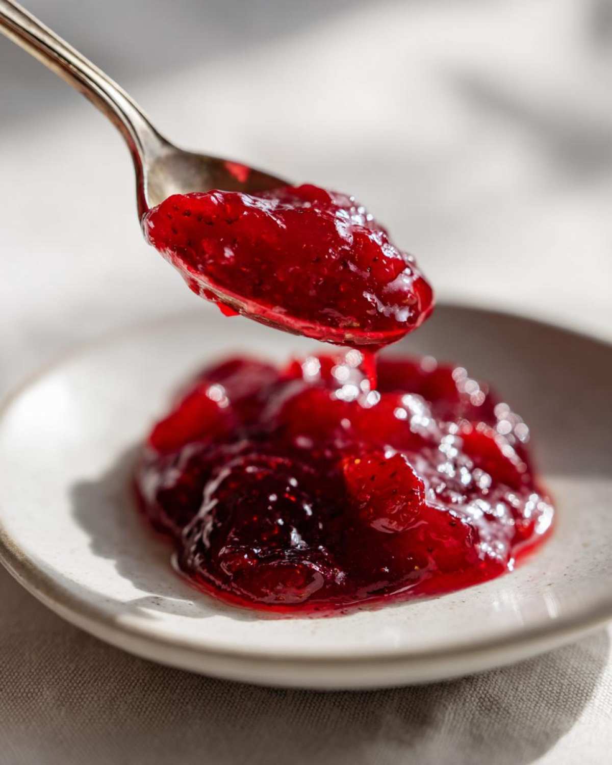 A silver spoon lifting a thick dollop of bright red Homemade strawberry jam over a small serving on a plate.