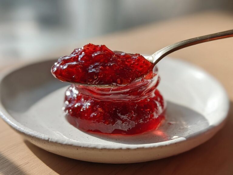 A spoonful of vibrant, glistening homemade strawberry jam being lifted from a small jar resting on a white plate.