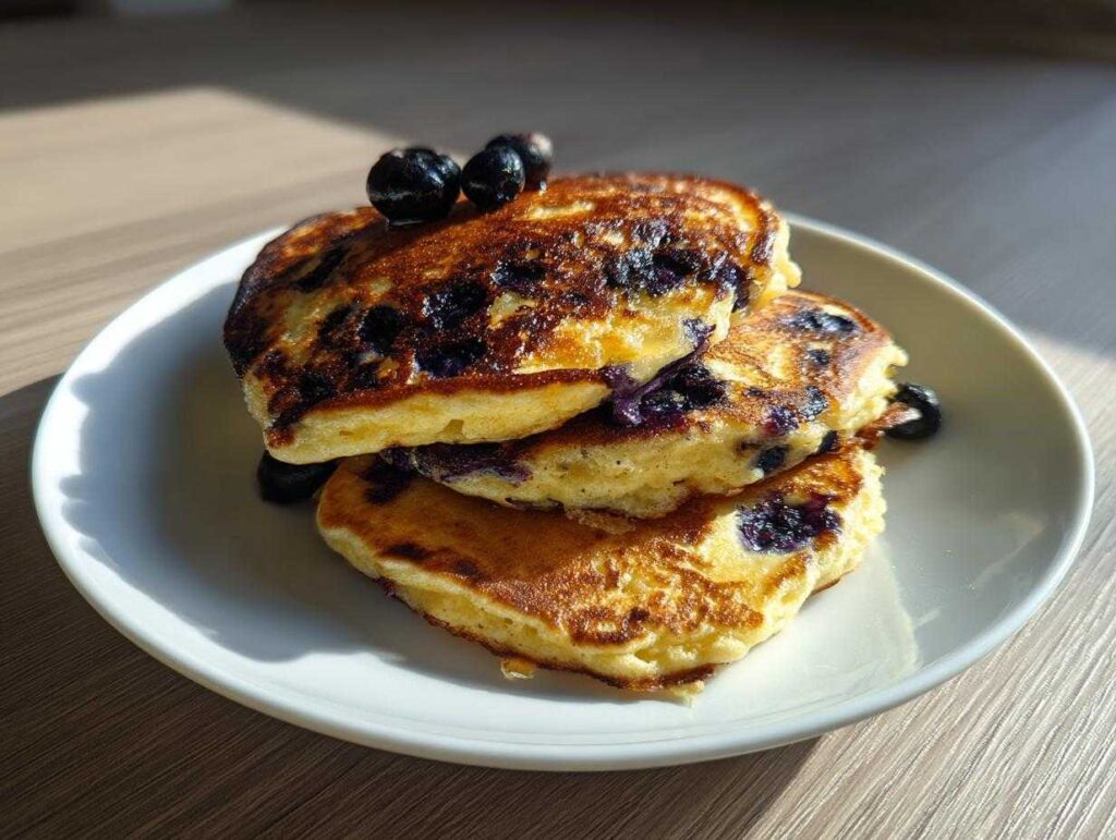 A stack of three fluffy Lemon blueberry cottage cheese pancakes topped with fresh blueberries on a white plate.