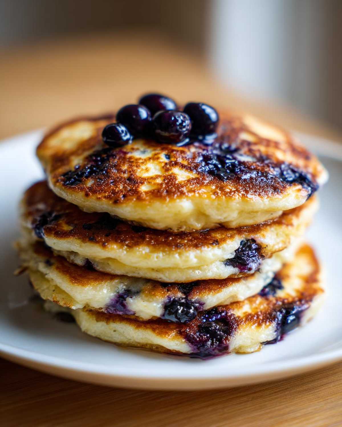 A stack of four fluffy Lemon blueberry cottage cheese pancakes topped with fresh blueberries.