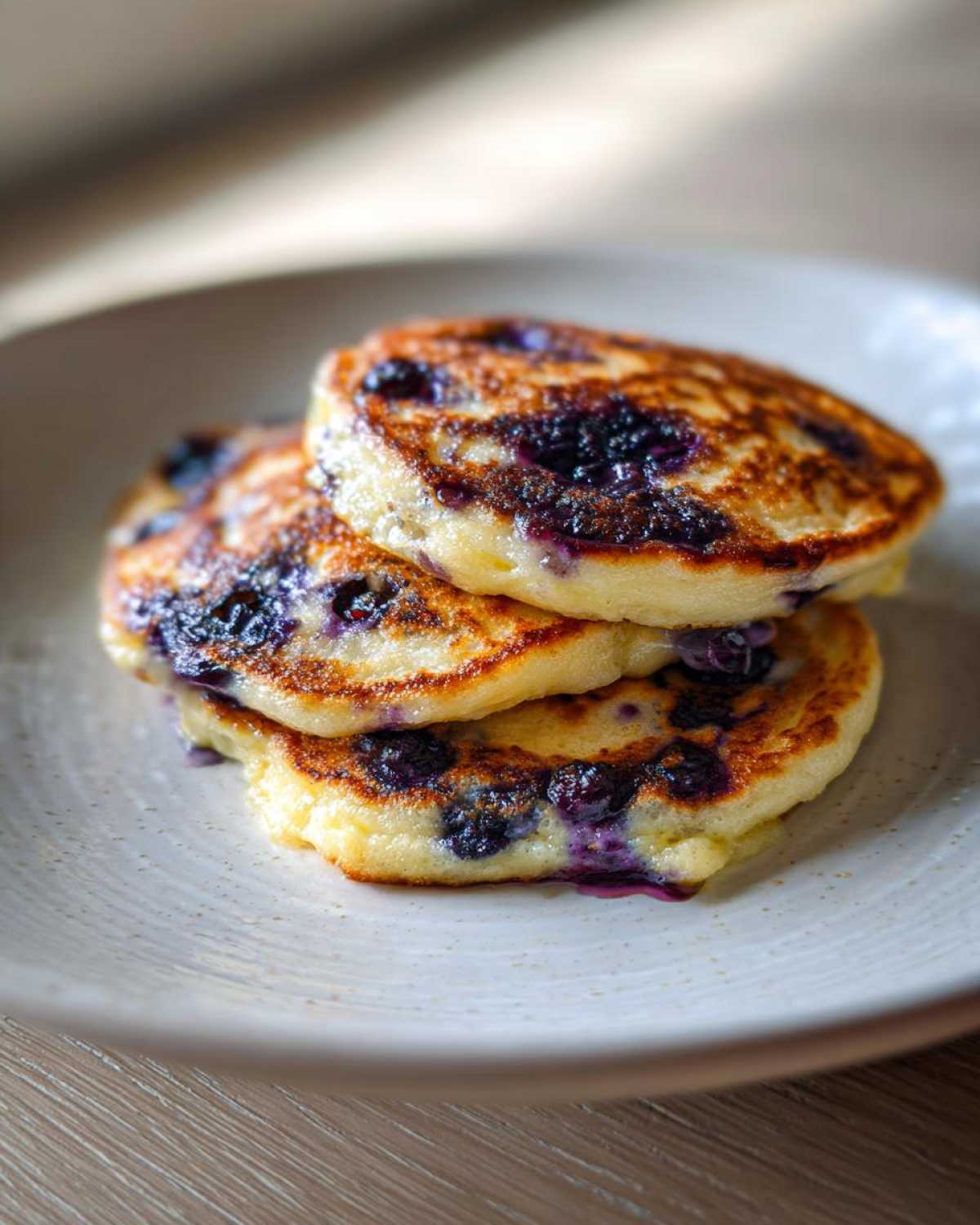 Close-up of three fluffy Lemon blueberry cottage cheese pancakes stacked on a speckled white plate.