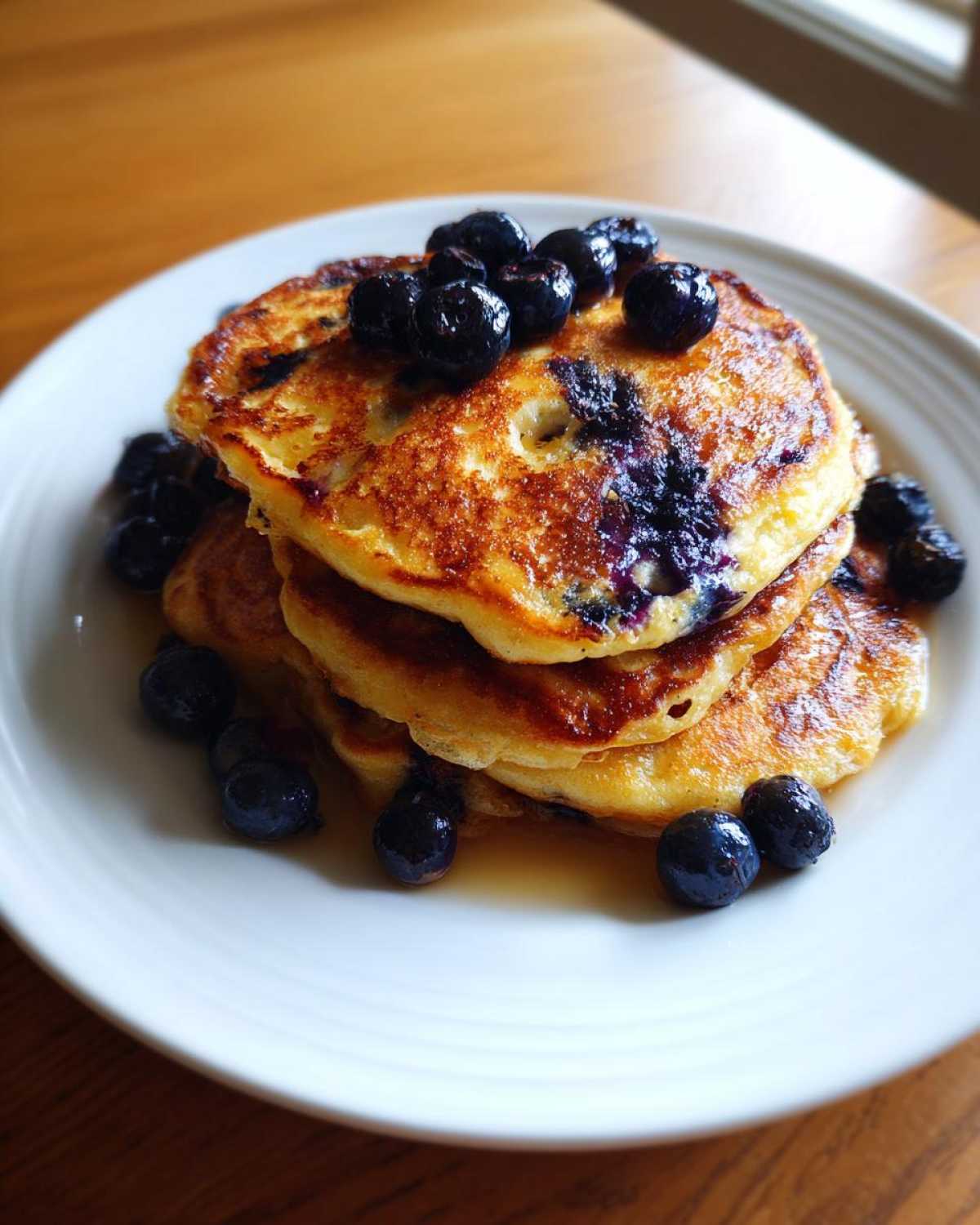Stack of three fluffy Lemon blueberry cottage cheese pancakes topped with fresh blueberries and syrup.