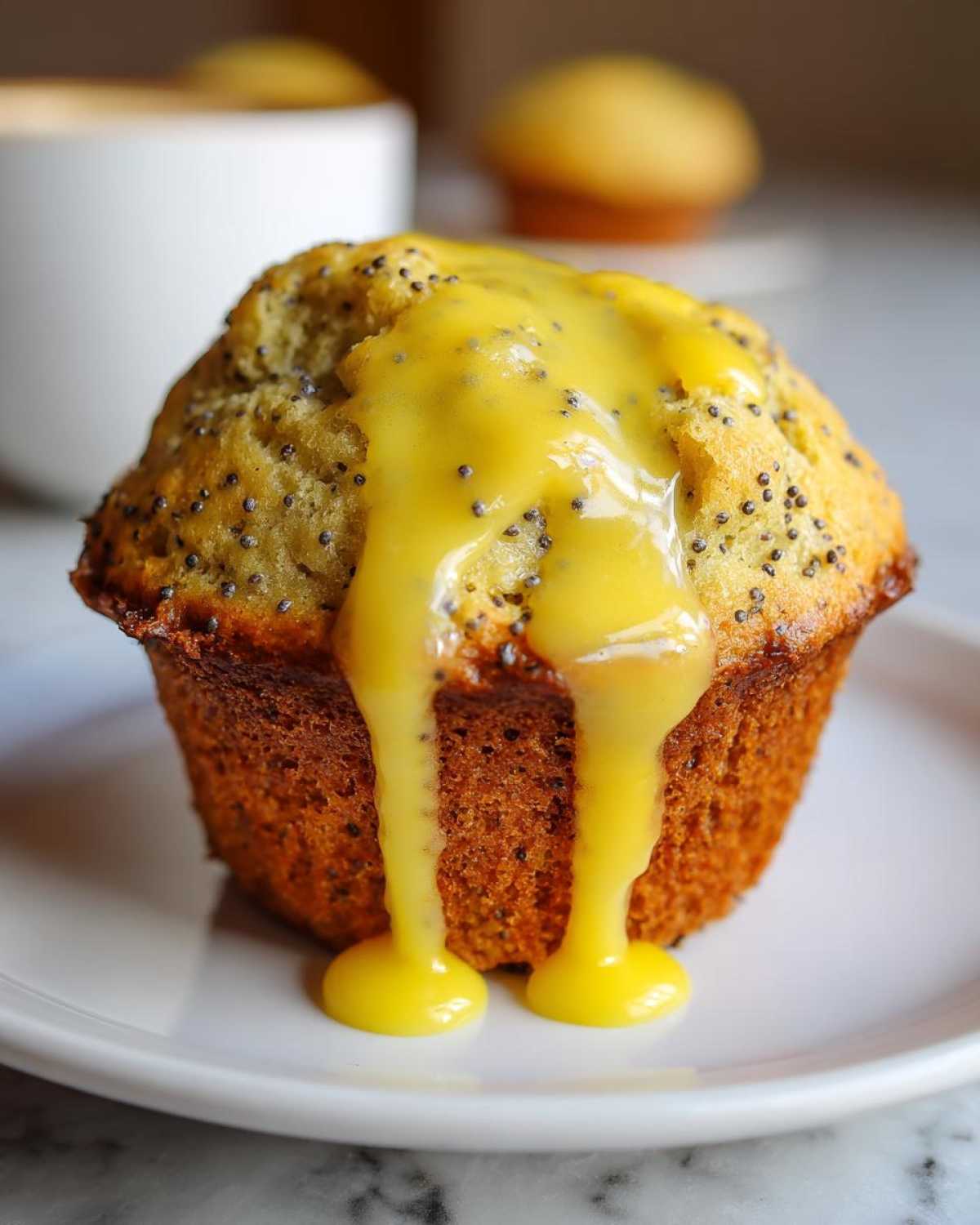 A close-up of a freshly baked lemon poppy seed muffin topped with thick, bright yellow lemon glaze dripping down the sides.