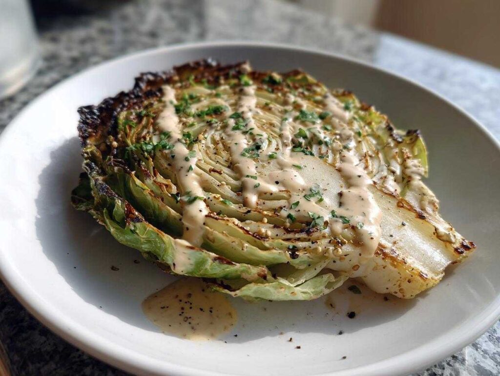 A thick, roasted lemon tahini cabbage steak drizzled with creamy sauce and sprinkled with herbs.