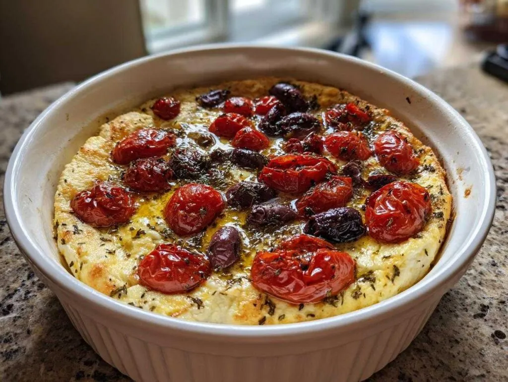 A close-up of freshly baked Mediterranean baked feta topped with blistered cherry tomatoes and Kalamata olives, glistening with oil.