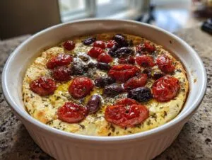 A close-up of freshly baked Mediterranean baked feta topped with blistered cherry tomatoes and Kalamata olives, glistening with oil.