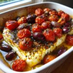 A block of creamy Mediterranean baked feta topped with roasted cherry tomatoes, Kalamata olives, and herbs in olive oil.