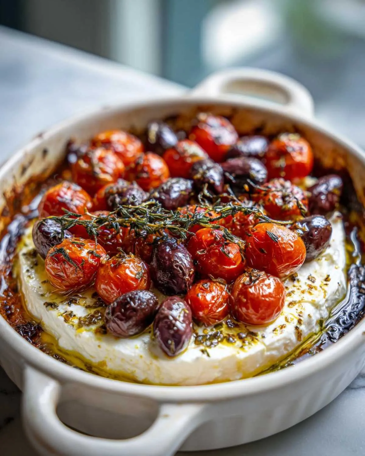 A baked block of feta cheese topped with roasted cherry tomatoes, Kalamata olives, and fresh thyme, ready to serve.