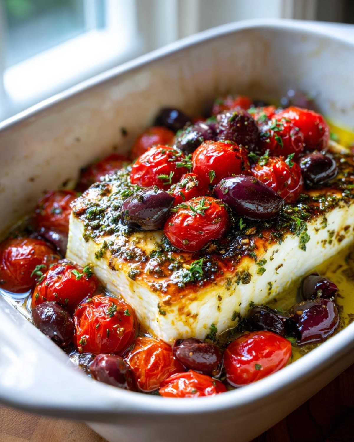 A block of baked Mediterranean baked feta topped with roasted cherry tomatoes, Kalamata olives, and herbs in olive oil.