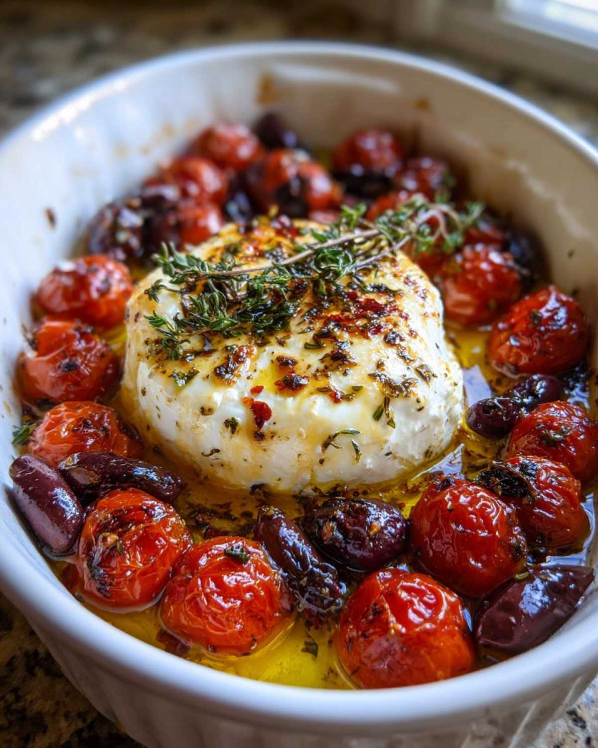 A block of baked feta cheese surrounded by roasted cherry tomatoes and olives, drizzled with olive oil and herbs.