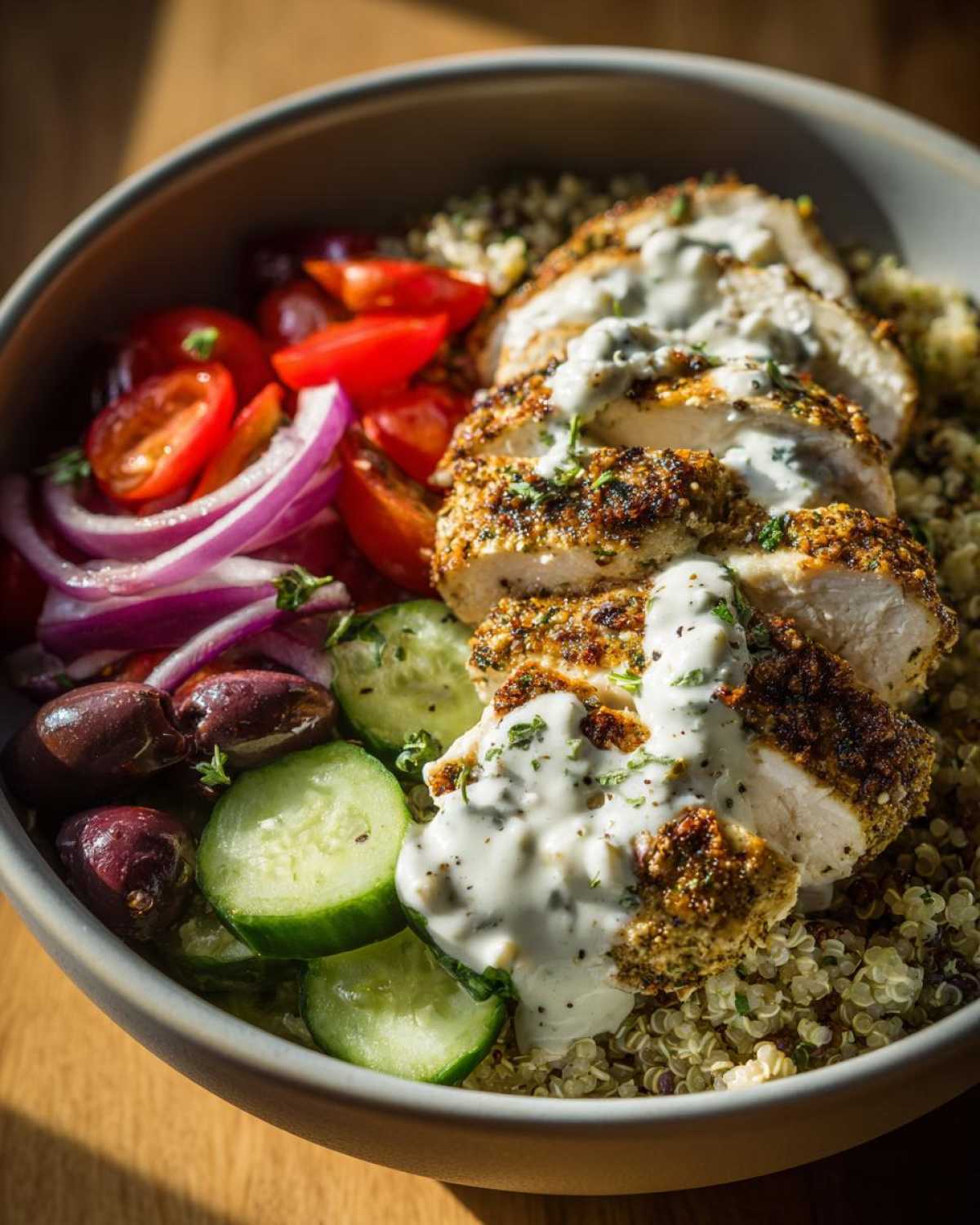 A close-up of a Mediterranean chicken bowl featuring sliced, seasoned chicken breast drizzled with tzatziki over quinoa and fresh vegetables.