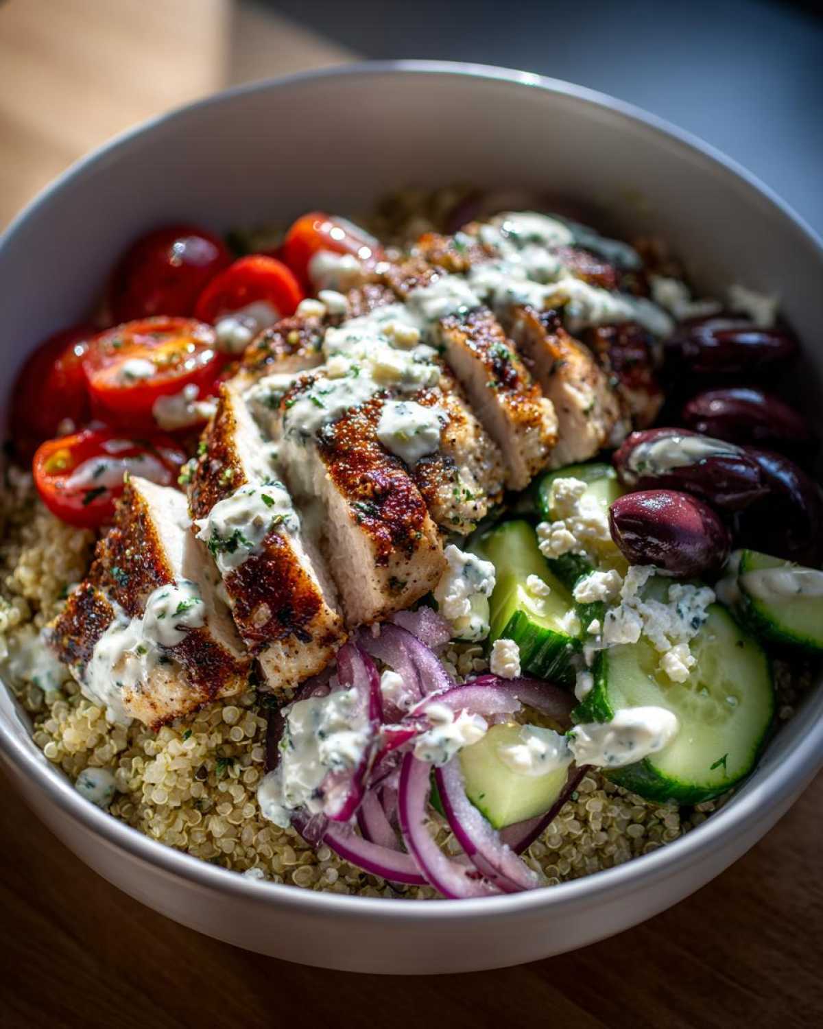 A vibrant Mediterranean chicken bowl featuring sliced seasoned chicken breast over quinoa, topped with cucumber, tomatoes, olives, and a creamy sauce.