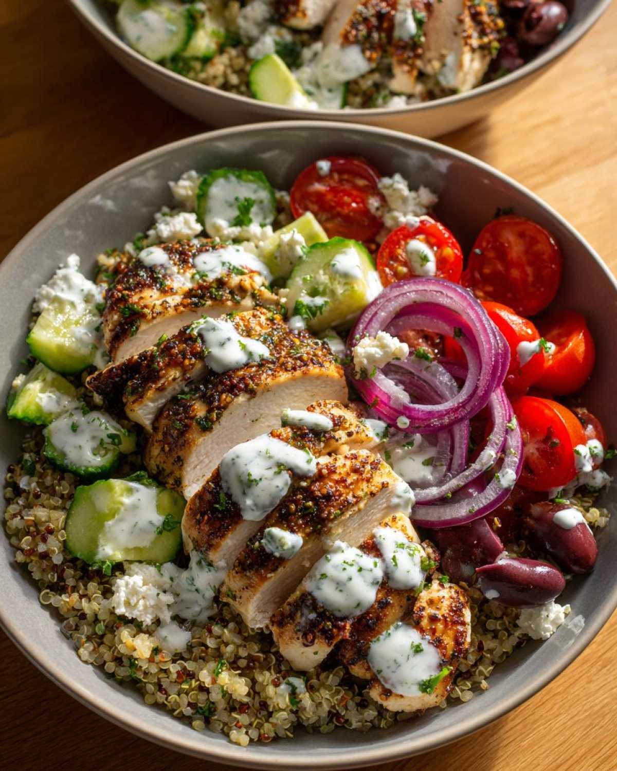 A close-up of a vibrant Mediterranean chicken bowl featuring sliced seasoned chicken breast over quinoa, topped with tzatziki sauce.
