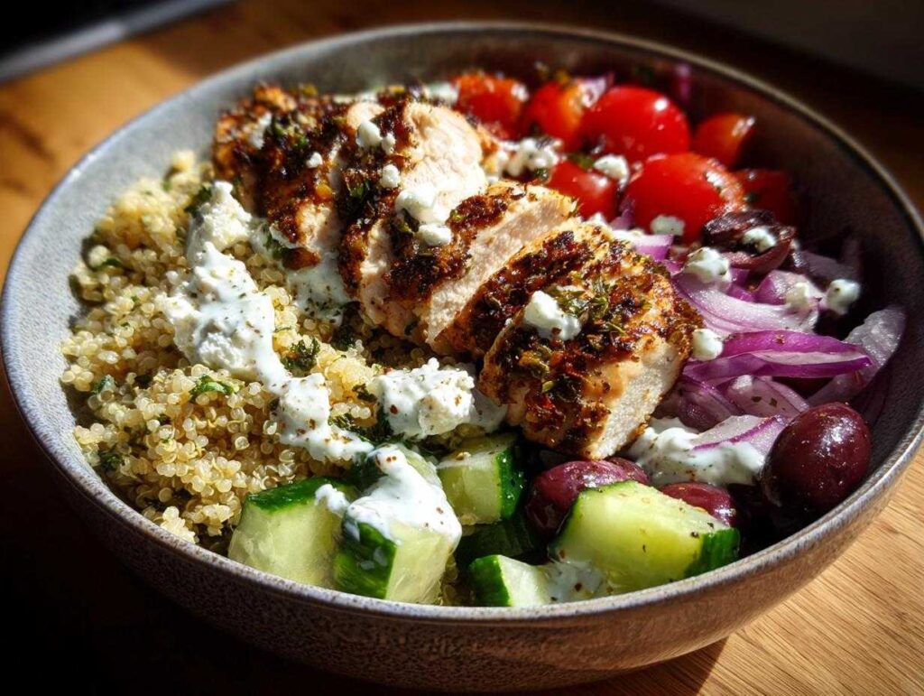 Close-up of a vibrant Mediterranean chicken bowl featuring sliced seasoned chicken, quinoa, cucumbers, tomatoes, red onion, olives, and tzatziki sauce.