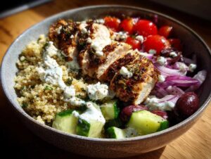 Close-up of a vibrant Mediterranean chicken bowl featuring sliced seasoned chicken, quinoa, cucumbers, tomatoes, red onion, olives, and tzatziki sauce.