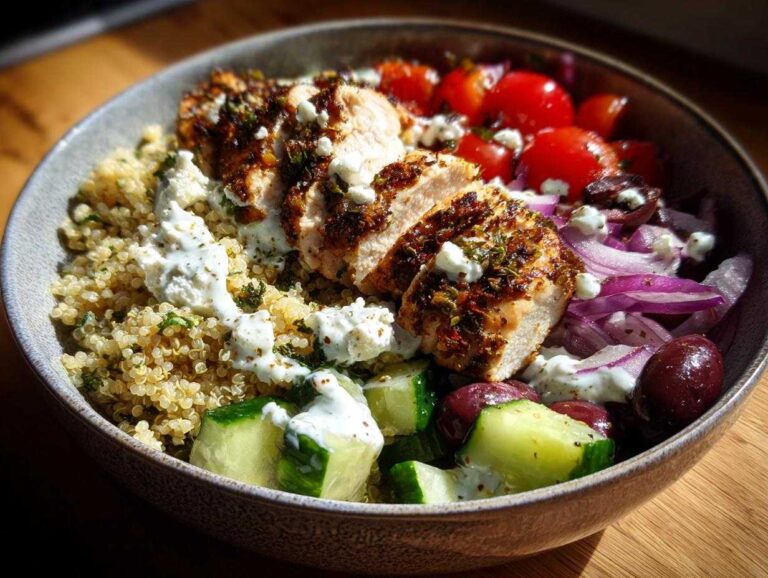 Close-up of a vibrant Mediterranean chicken bowl featuring sliced seasoned chicken, quinoa, cucumbers, tomatoes, red onion, olives, and tzatziki sauce.