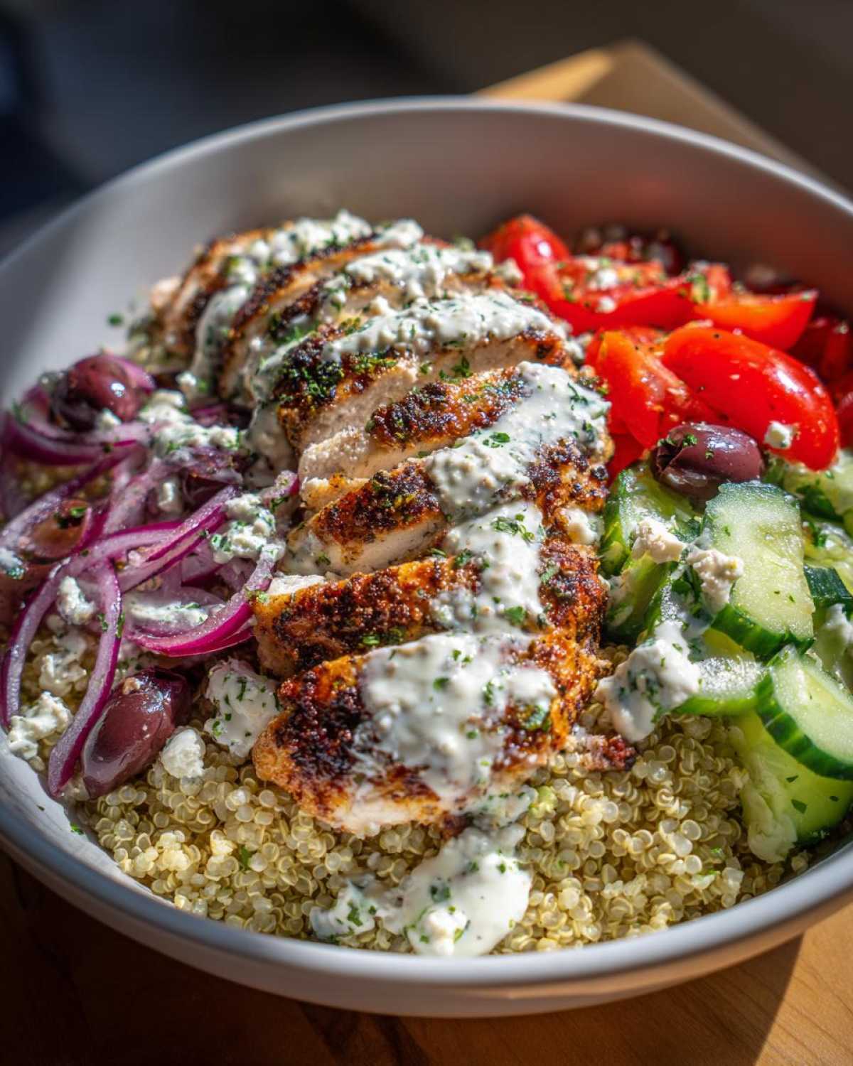 A vibrant Mediterranean chicken bowl featuring sliced seasoned chicken over quinoa, topped with tzatziki sauce, cucumbers, tomatoes, and red onion.