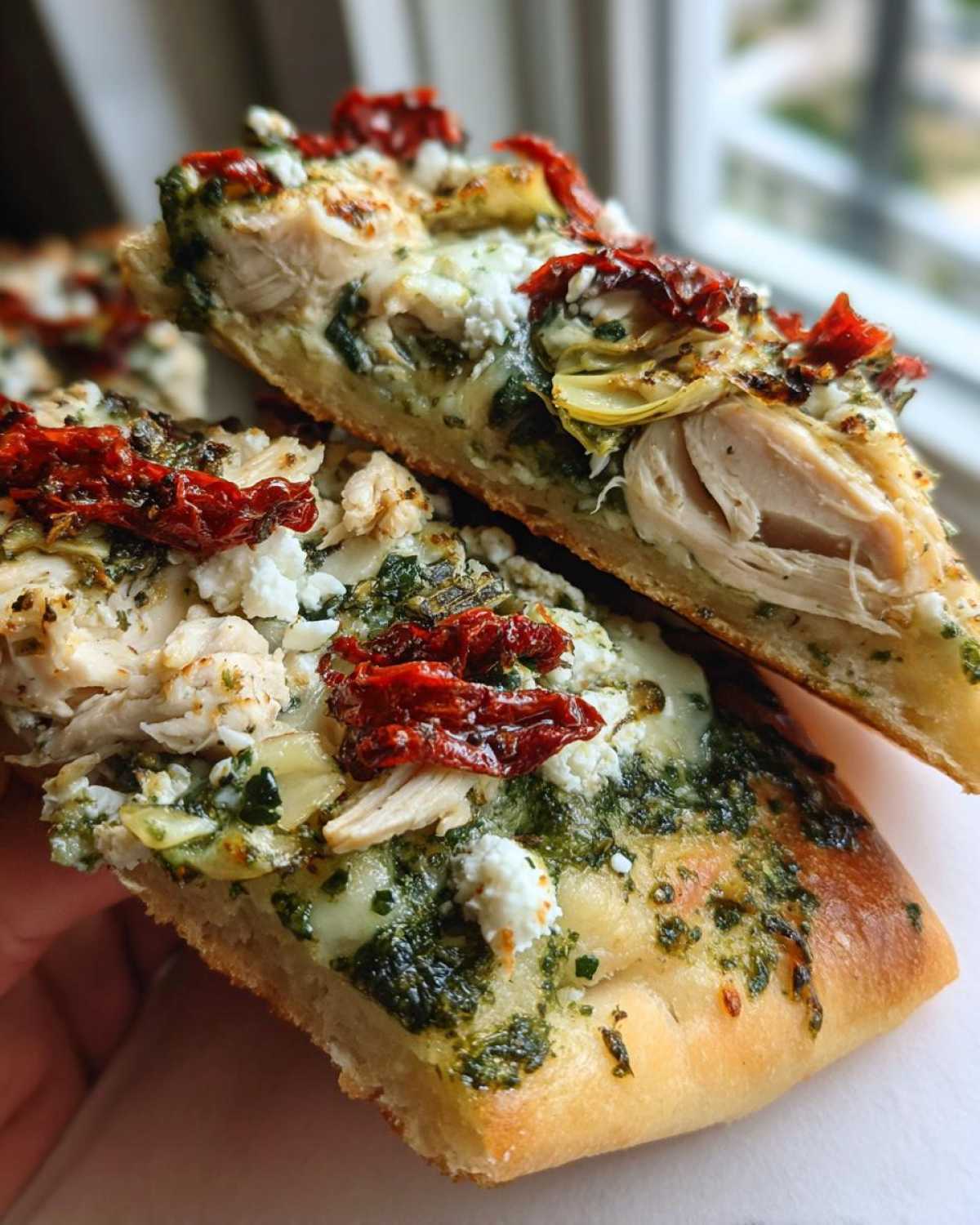 Two slices of Mediterranean chicken pizza held up, showing pesto sauce, chicken, feta, and sun-dried tomatoes.