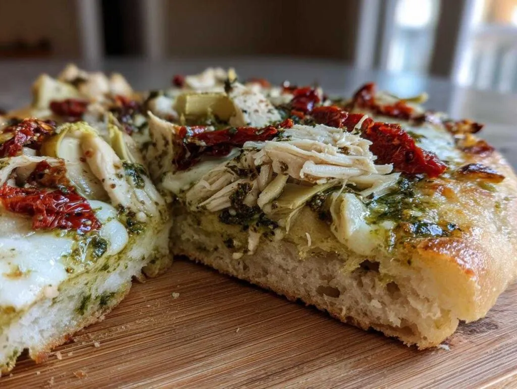 Close-up cross-section of Mediterranean chicken pizza showing thick crust, melted mozzarella, pesto, shredded chicken, and sun-dried tomatoes.
