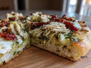 Close-up cross-section of Mediterranean chicken pizza showing thick crust, melted mozzarella, pesto, shredded chicken, and sun-dried tomatoes.