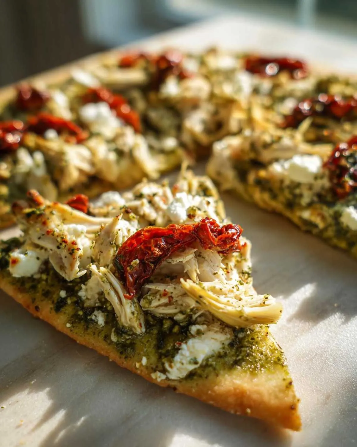 Close-up of a slice of Mediterranean chicken pizza featuring pesto sauce, shredded chicken, feta cheese, and sun-dried tomatoes.