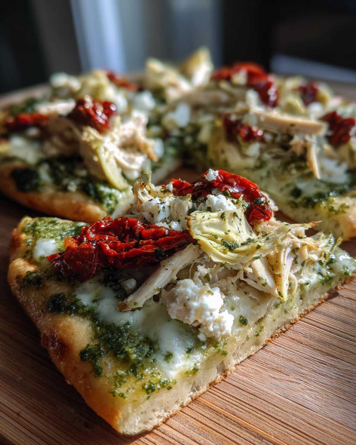 Close-up of a slice of Mediterranean chicken pizza topped with pesto, chicken, artichoke hearts, sun-dried tomatoes, and feta cheese.