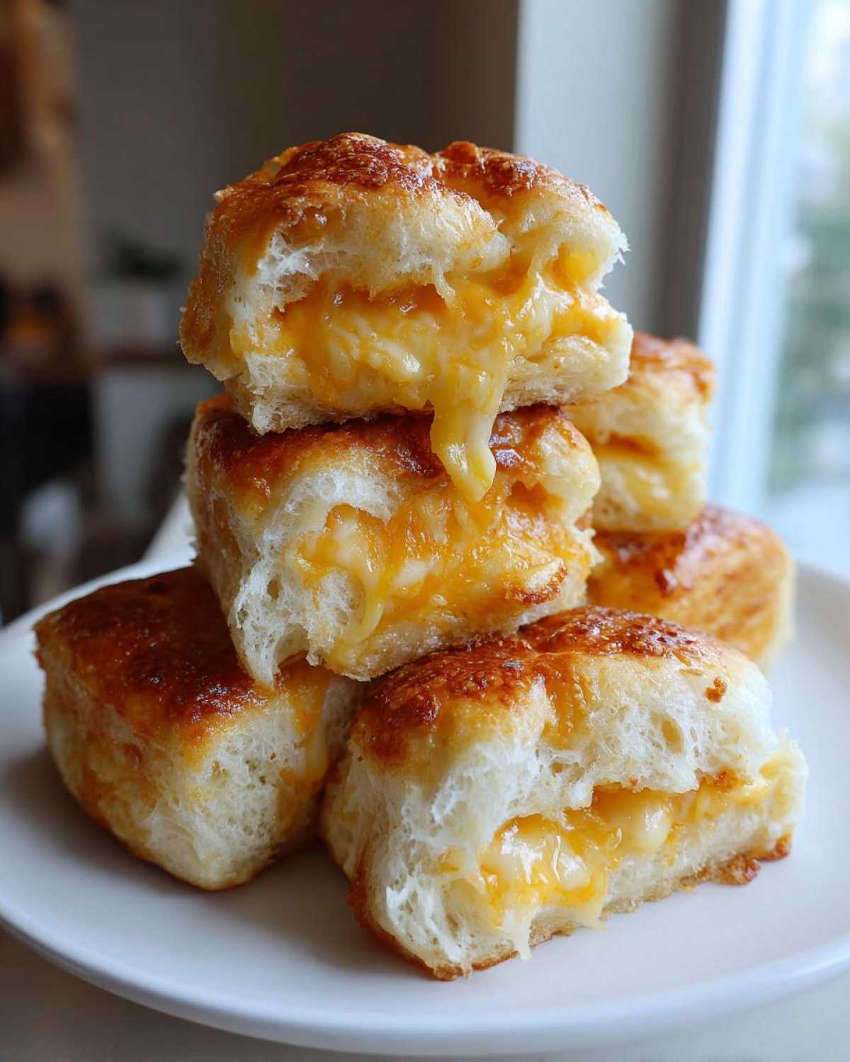 A stack of halved mini grilled cheese hawaiian rolls showing gooey, melted cheddar and white cheese filling.