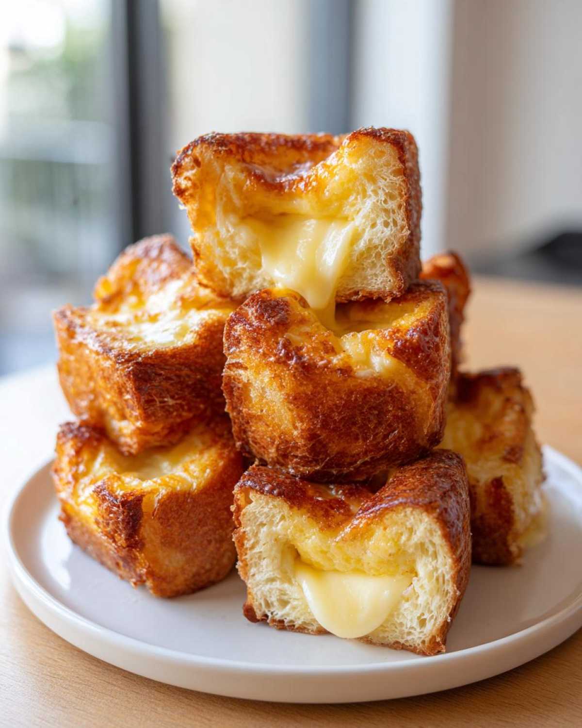 Stack of golden brown mini grilled cheese hawaiian rolls with gooey, melted cheese oozing out.