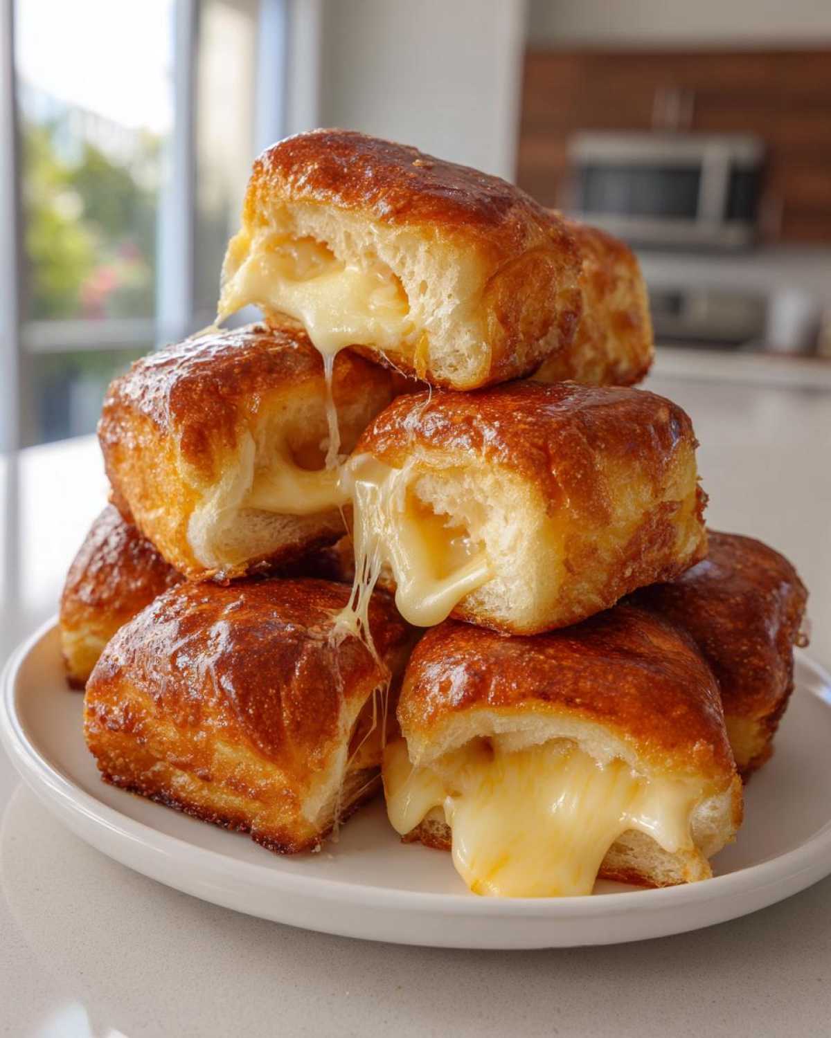 A stack of golden brown mini grilled cheese hawaiian rolls with melted cheese stretching out from the center.