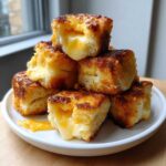 A stack of golden brown mini grilled cheese hawaiian rolls with melted cheese oozing out onto a white plate.