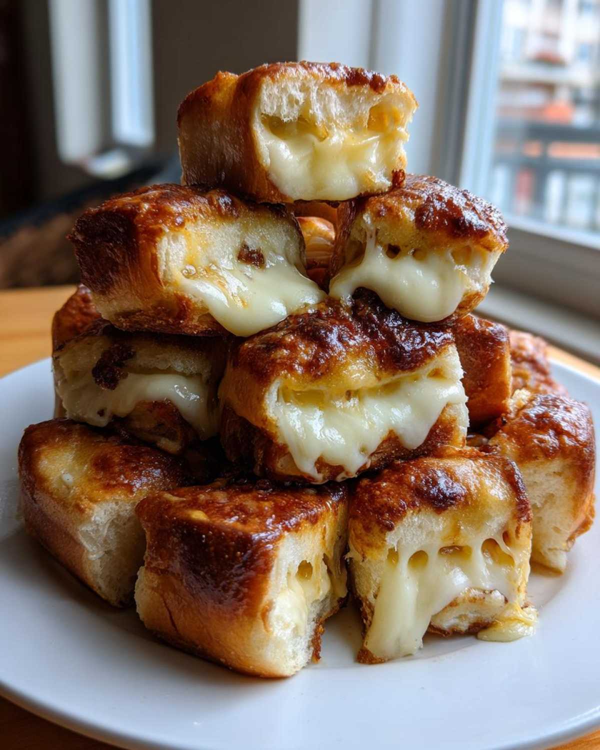 Stack of golden brown mini grilled cheese hawaiian rolls with gooey, melted cheese oozing out.