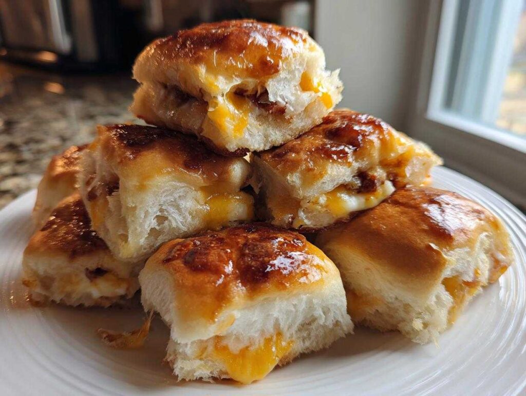 A stack of freshly baked mini grilled cheese Hawaiian rolls piled on a white plate, showing gooey melted cheese inside.