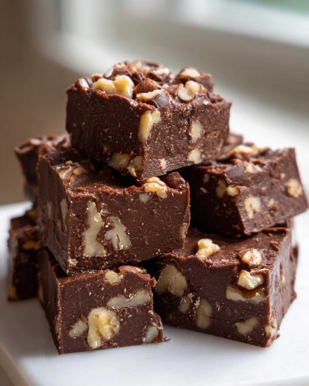 A stack of rich, dark chocolate nutty fudge squares generously studded with walnuts.