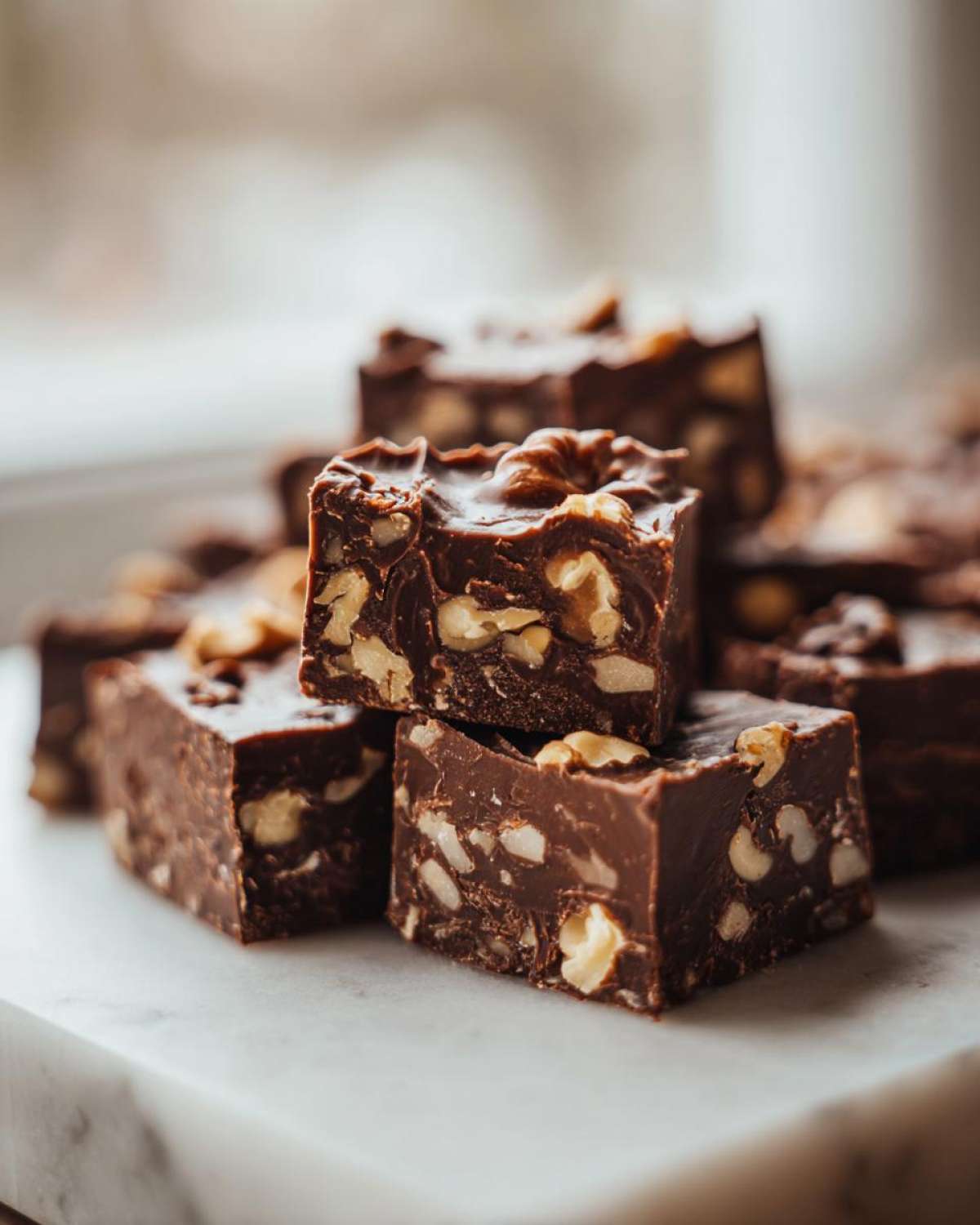 Close-up of rich, dark chocolate Nutty Fudge squares generously studded with walnuts, stacked on a white marble surface.