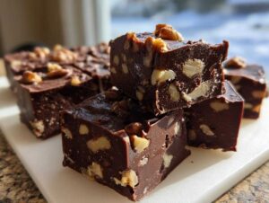 Close-up of stacked, rich chocolate nutty fudge squares loaded with visible walnuts, cut into perfect portions.