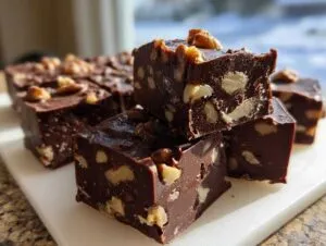 Close-up of stacked, rich chocolate nutty fudge squares loaded with visible walnuts, cut into perfect portions.