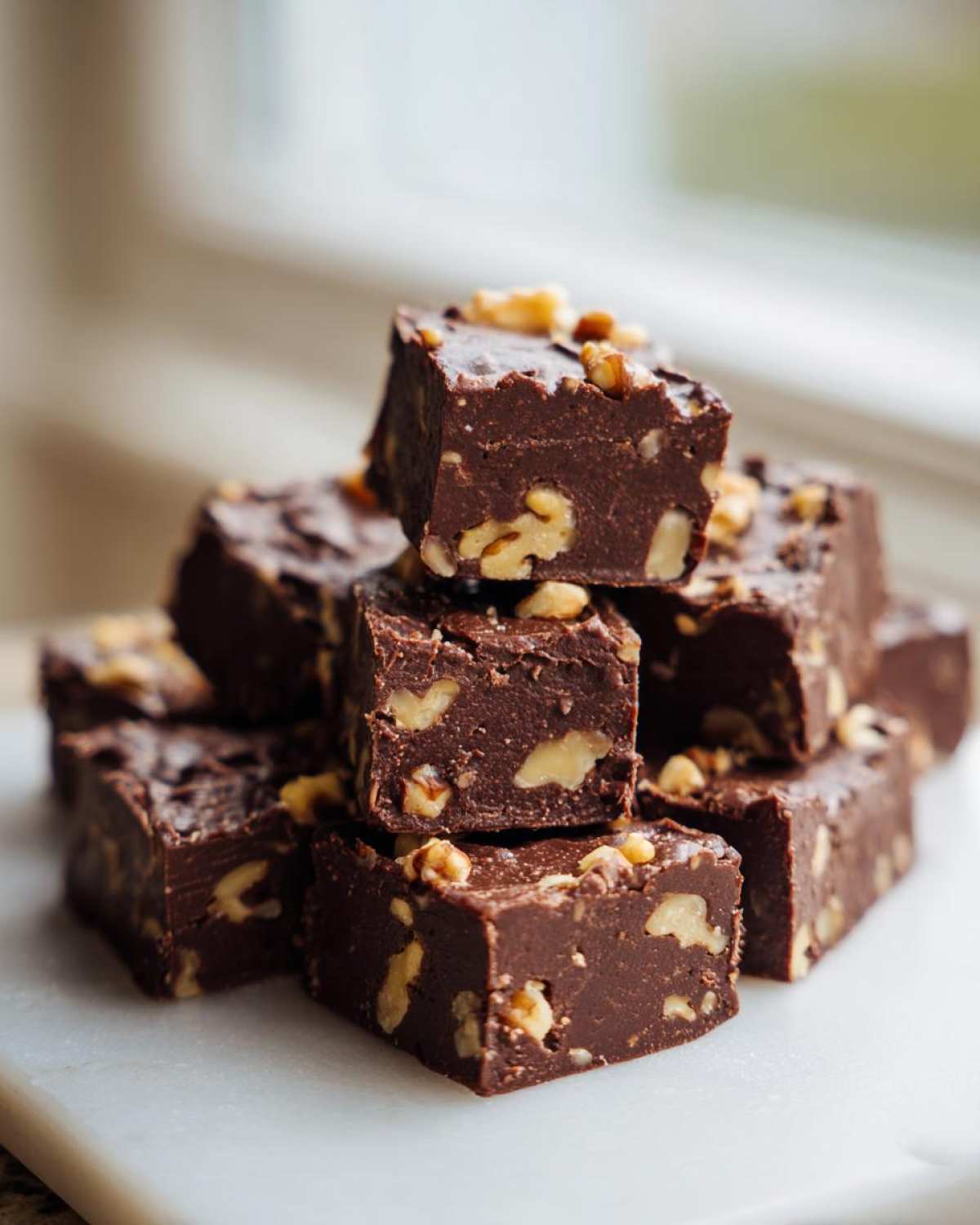 A close-up stack of rich, dark chocolate nutty fudge squares generously studded with walnuts.
