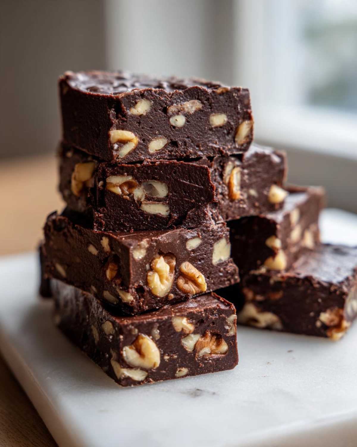 A stack of rich, dark chocolate nutty fudge squares packed with visible walnut pieces, resting on a white marble surface.