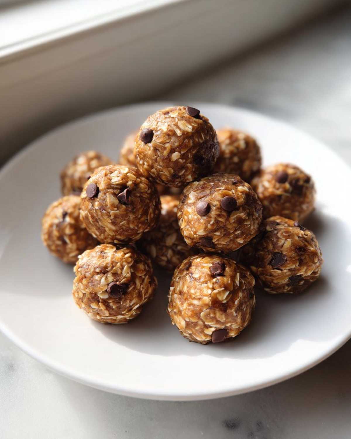 A close-up stack of homemade Peanut Butter Oatmeal Energy Bites studded with mini chocolate chips on a white plate.