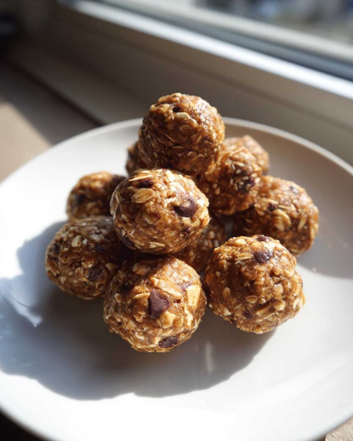 A small stack of homemade Peanut Butter Oatmeal Energy Bites featuring visible oats and chocolate chips, resting on a white plate.