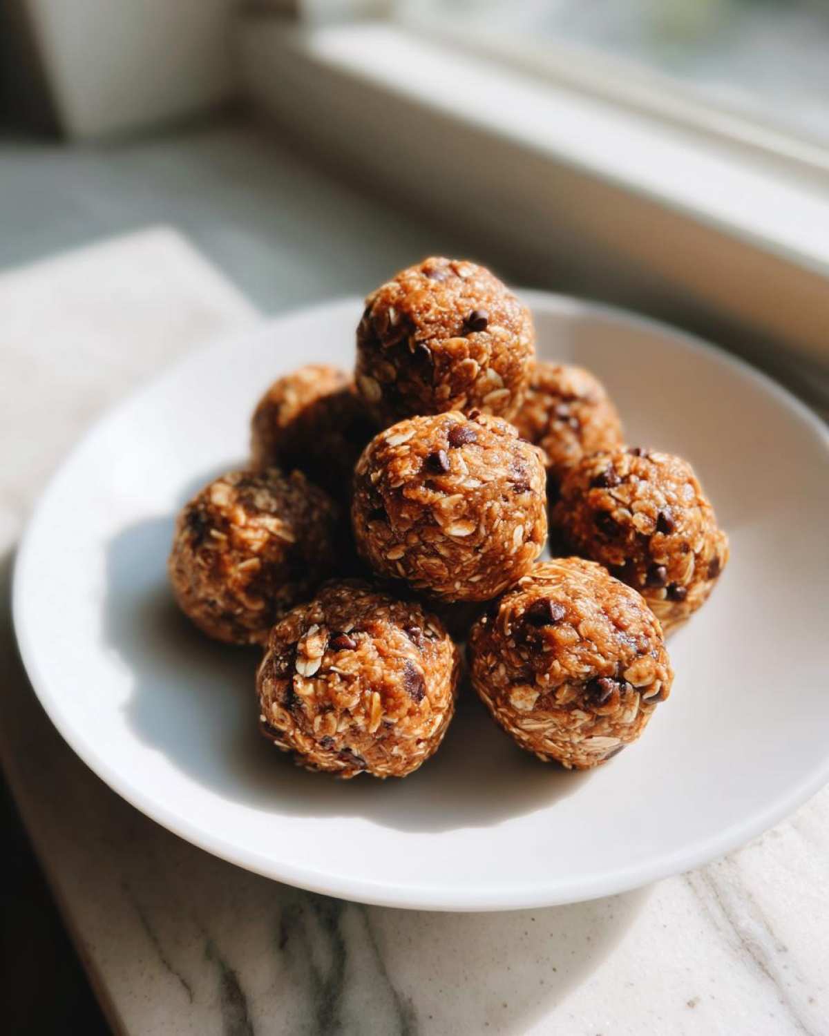 A stack of homemade Peanut Butter Oatmeal Energy Bites featuring oats and chocolate chips, resting on a white plate near a window.