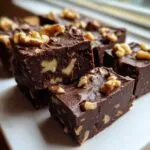 Close-up of rich, dark chocolate nutty fudge squares studded with chopped walnuts on a white plate.