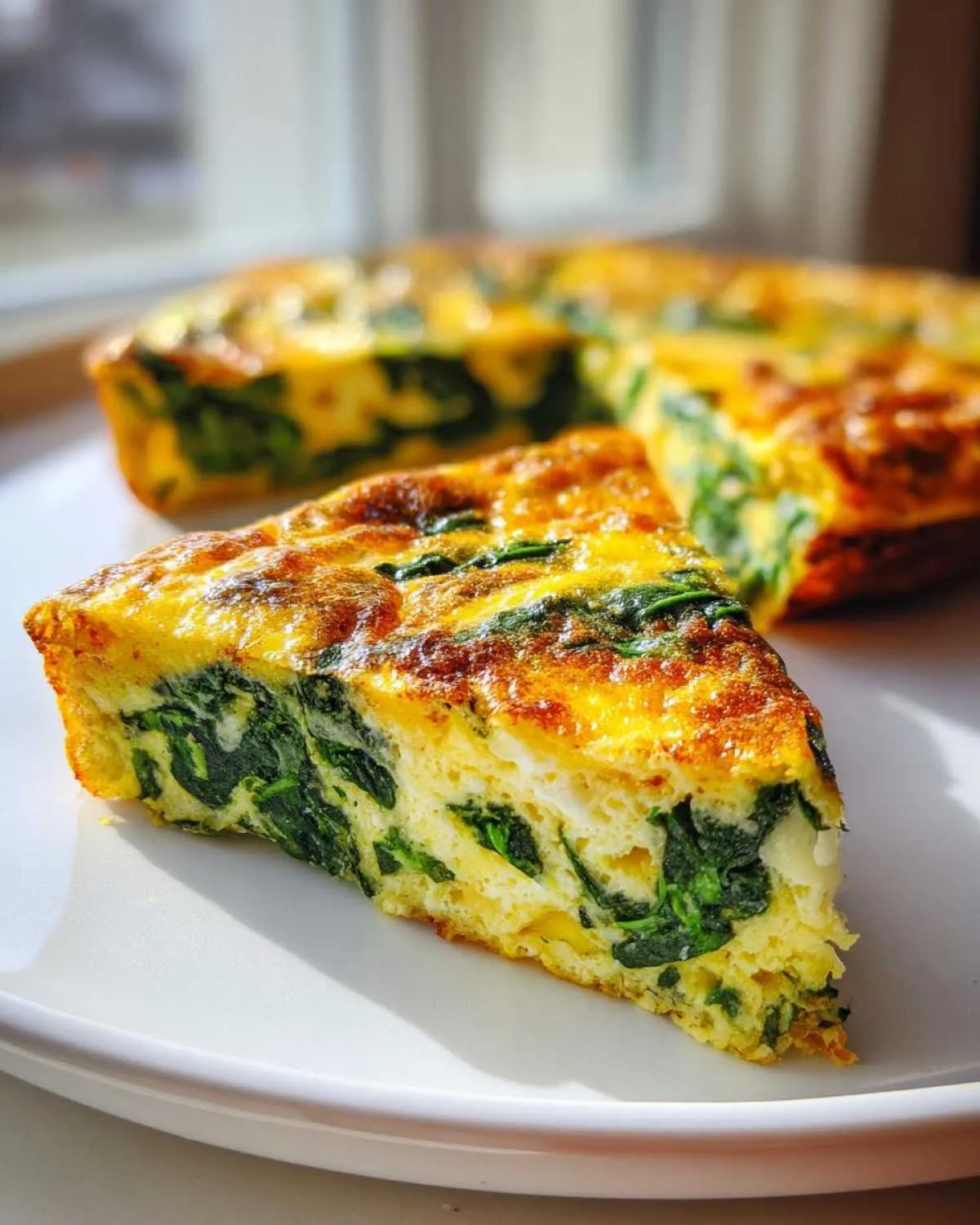 A thick slice of golden brown Ricotta and spinach frittata with visible green spinach nestled in the egg base.