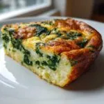 A close-up of a thick slice of baked Ricotta and spinach frittata with a golden crust, served on a white plate.