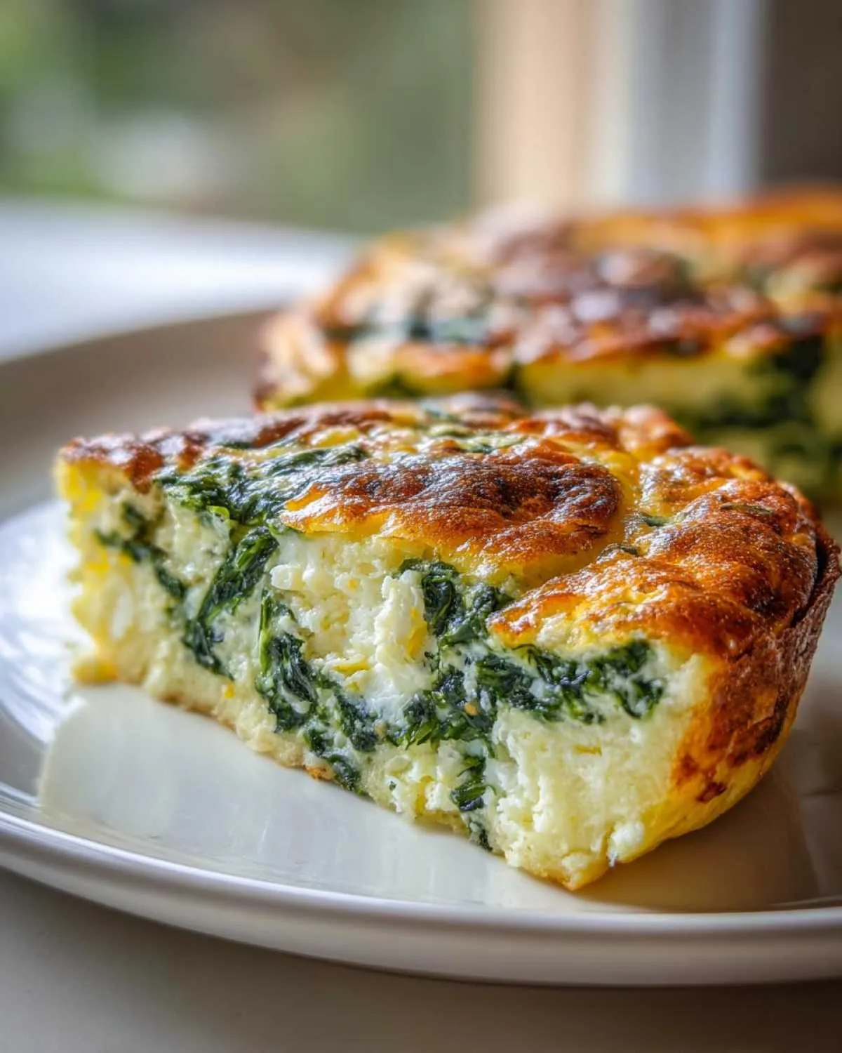 A close-up of a thick slice of ricotta and spinach frittata showing the creamy white cheese and dark green spinach filling.