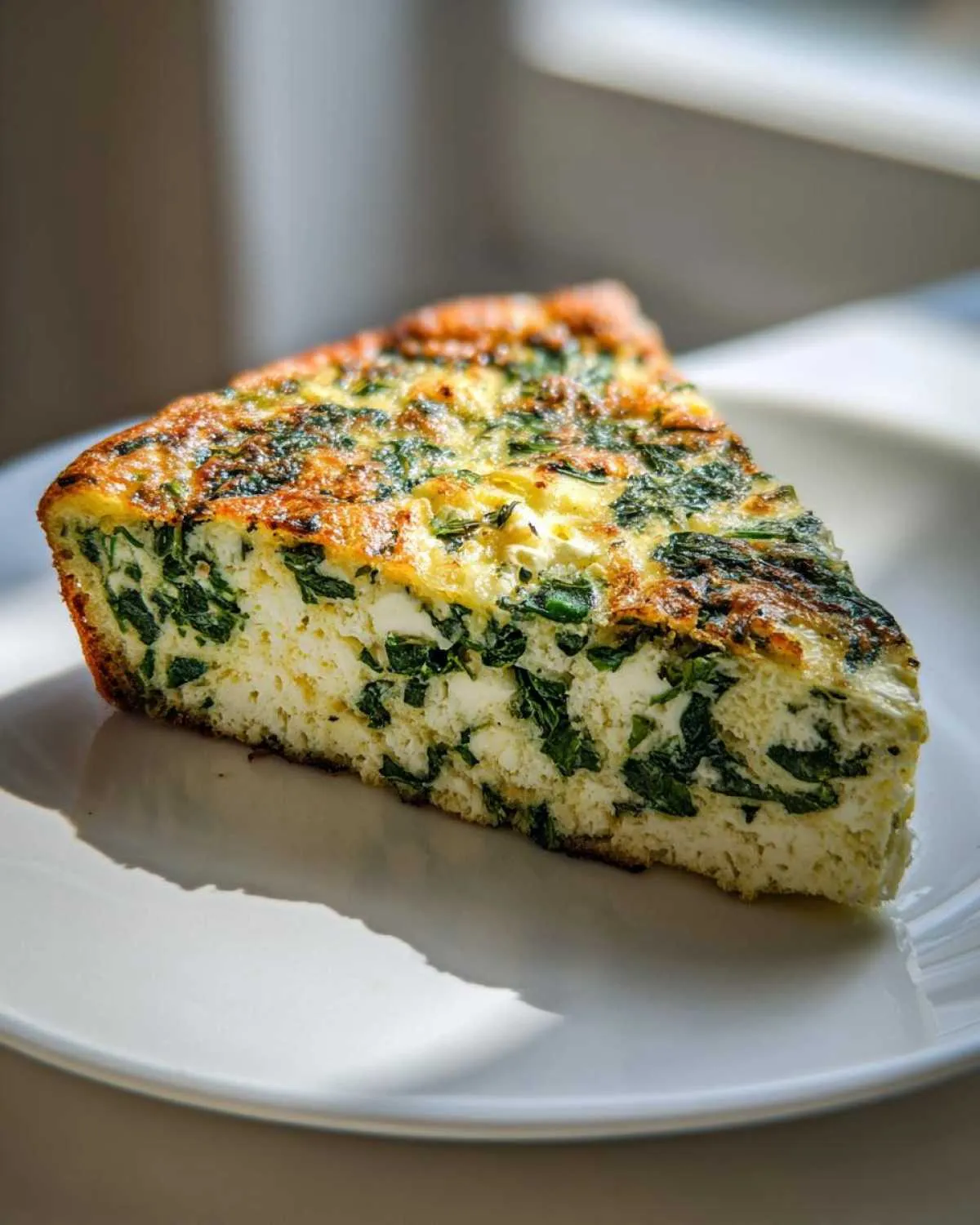 A close-up slice of fluffy Ricotta and spinach frittata served on a white plate, beautifully browned on top.